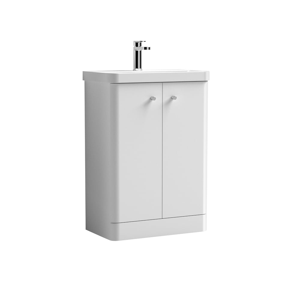 image 1 of Modern Bathroom Floor Standing 2 Door Vanity Unit Basin, White, 605mm | White | Gloss White | 355 x 605 x 864mm