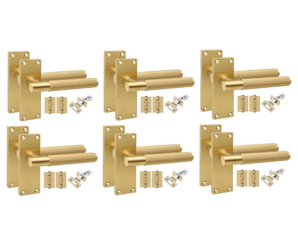 image 1 of Golden Grace 6 Pairs Victorian T-Bar Linear Design Internal Door Handle on Backplate Satin Brass with 2.5" Latch & Hinges - 120mm x 40mm