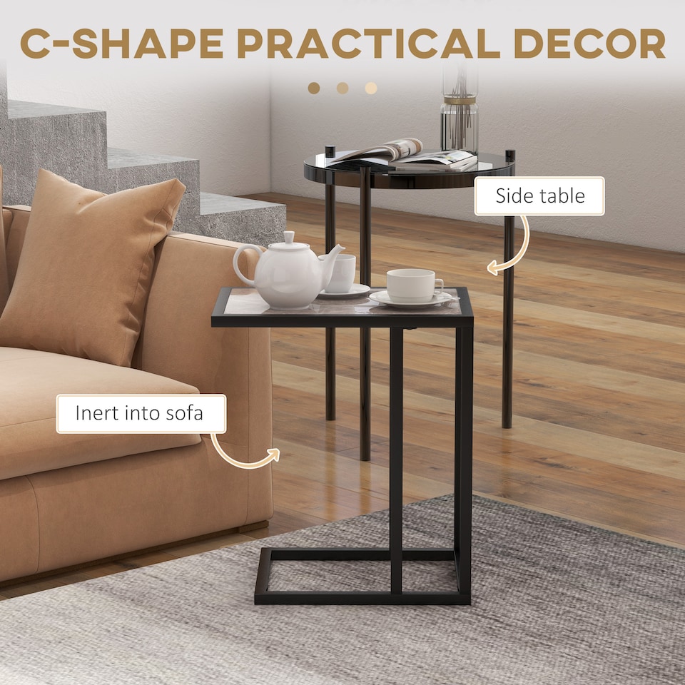 image 1 of HOMCOM C Shape End Table withMetal Frame Sofa Side Table Narrow Snack Coffee Table for Living Room, Grey Marble Effect | Grey