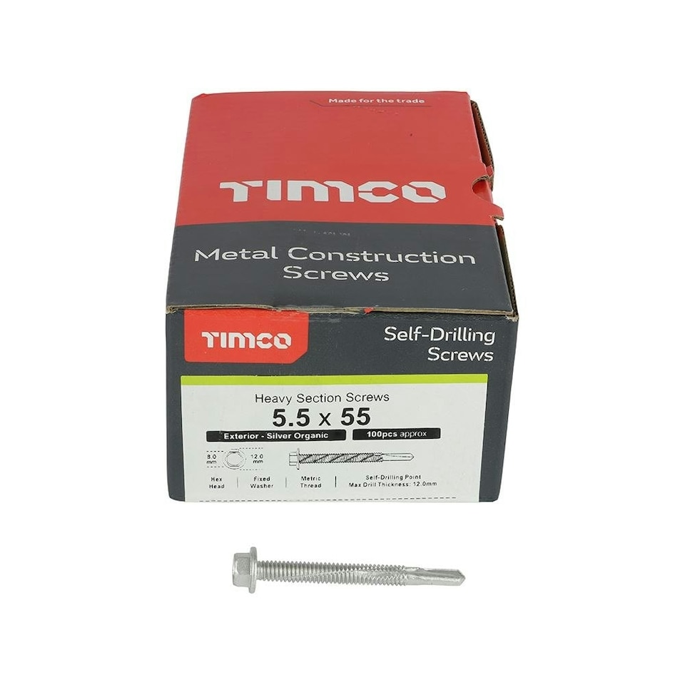 image 1 of Timco - Metal Construction Heavy Section Screws - Hex - Self-Drilling - Exterior - Silver Organic (Size 5.5 x 55 - 100 Pieces)