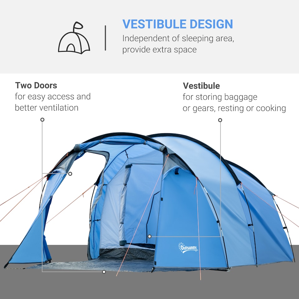 image 1 of Outsunny 3 Man 2 Room Tent Camping Tent With Living Area Air Vents Blue