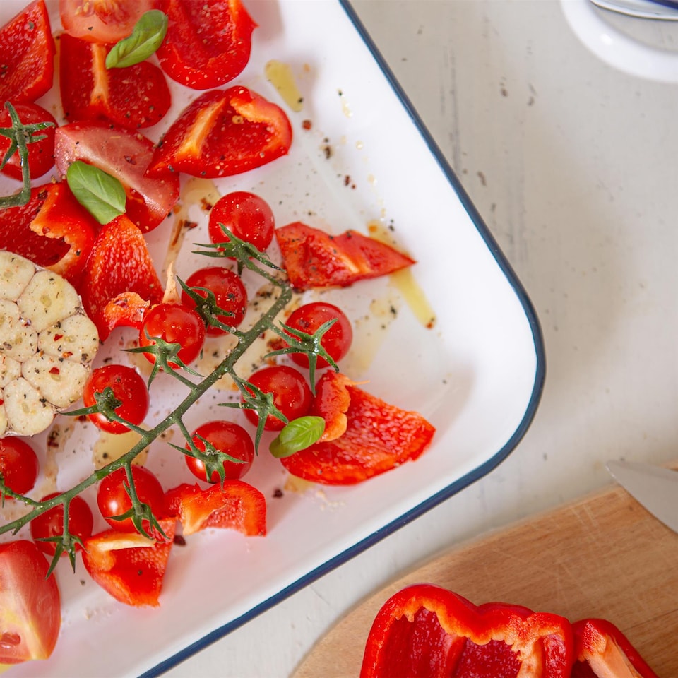 image 1 of Argon Tableware White Rectangle Enamel Baking Tray - 34cm x 26cm - Blue