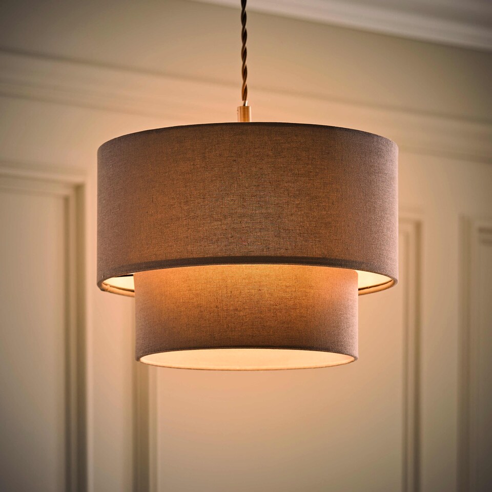 image 1 of ValueLights Jodie Two Tier Grey Linen Ceiling Drum Lamp Shade | Grey