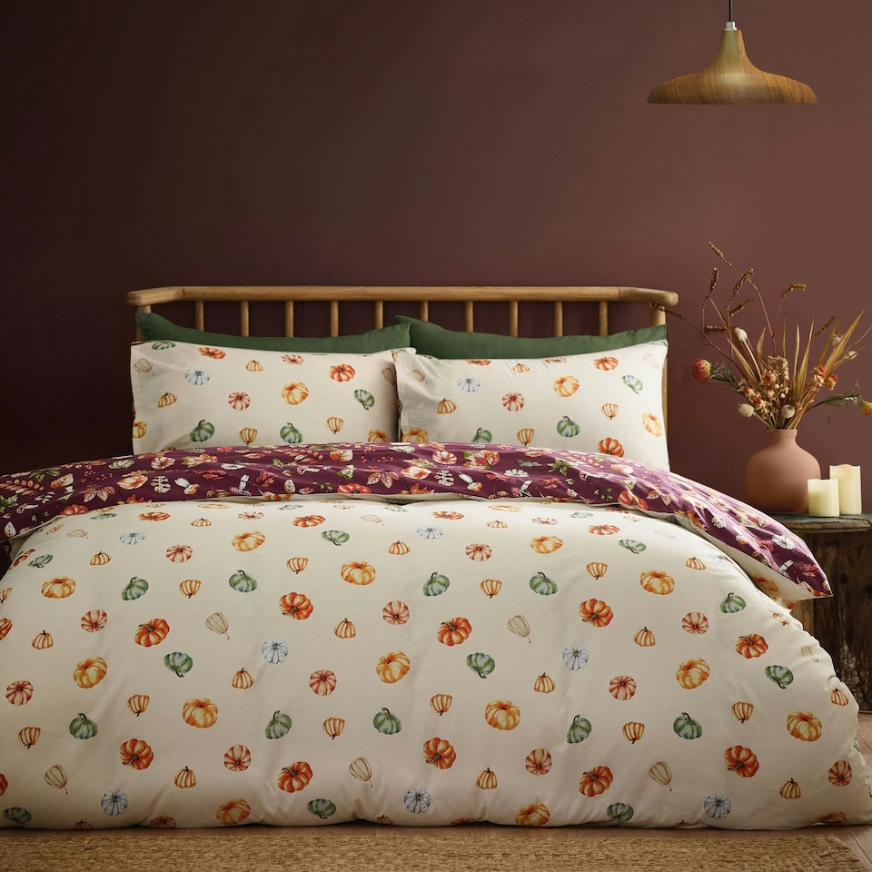 image 1 of Catherine Lansfield Autumn Pumpkins Reversible Duvet Cover Set Plum Purple | Plum | Single