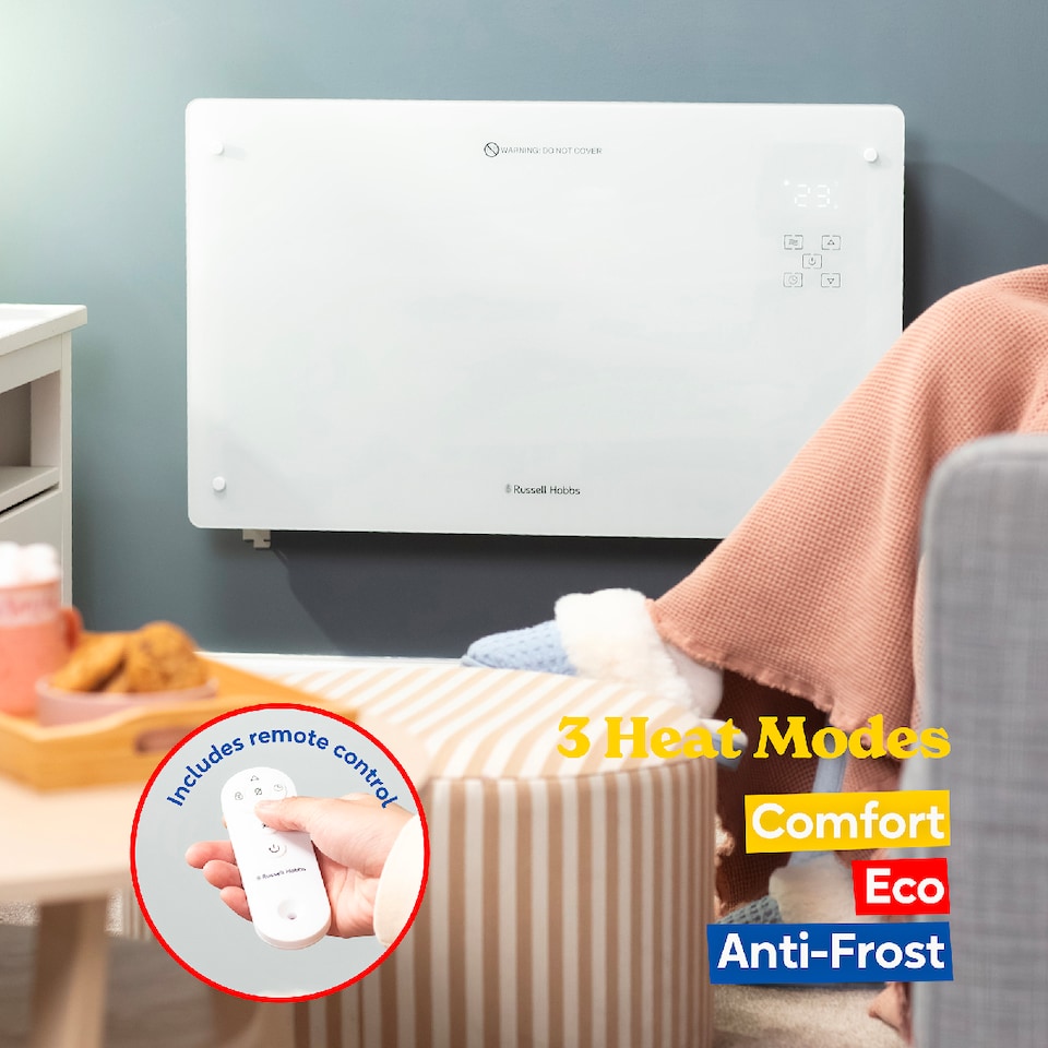 image 1 of Russell Hobbs RHPANH2006W Glass Panel Electric Heater 2000W Smart Wi-Fi Enabled in White