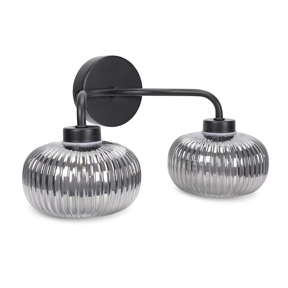 image 1 of ValueLights Amaia Matte Black IP44 Rated 2 Way Smoked Ribbed Glass Wall Light with LED Bulbs