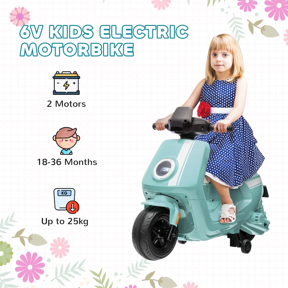 image 1 of AIYAPLAY 6V Kids Electric Motorbike, Ride on Motorbike with Headlight, Music, Forward Reverse, Training Wheels, for Ages 18-36 Months, Green