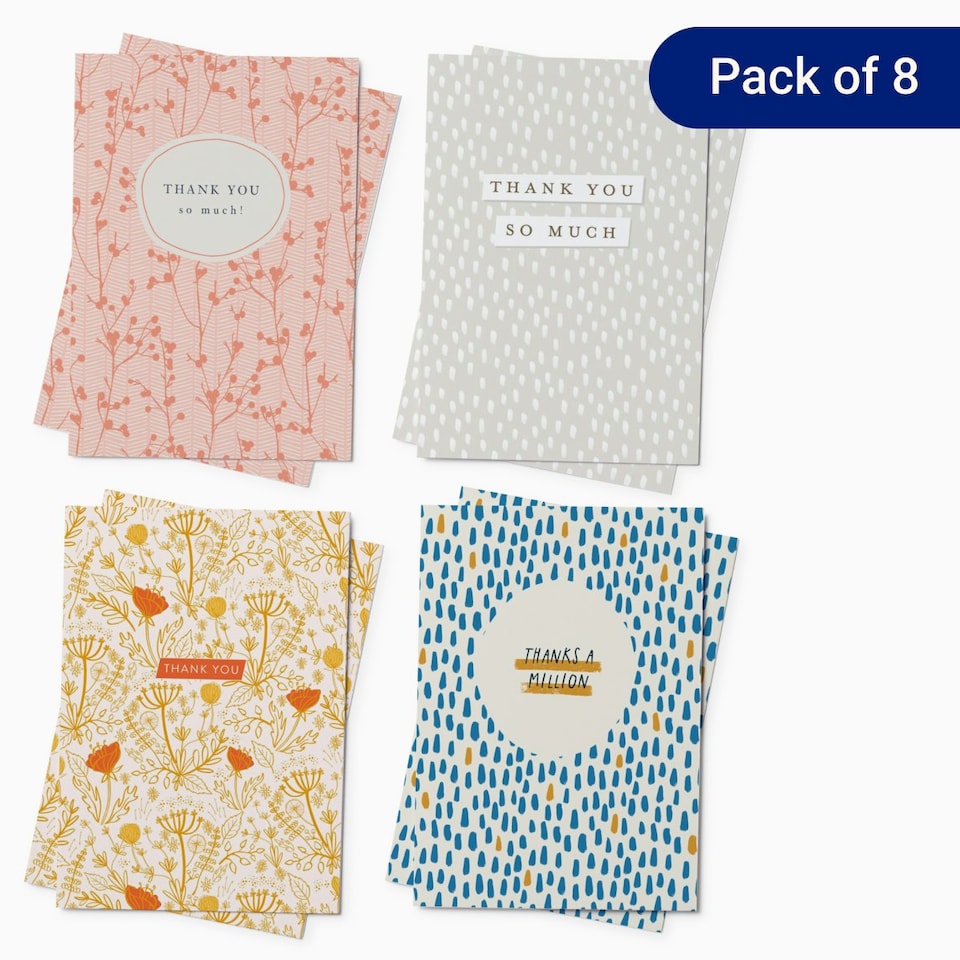 image 1 of Classic Design Thank You Card Pack - Pack of 8 (4 Designs)