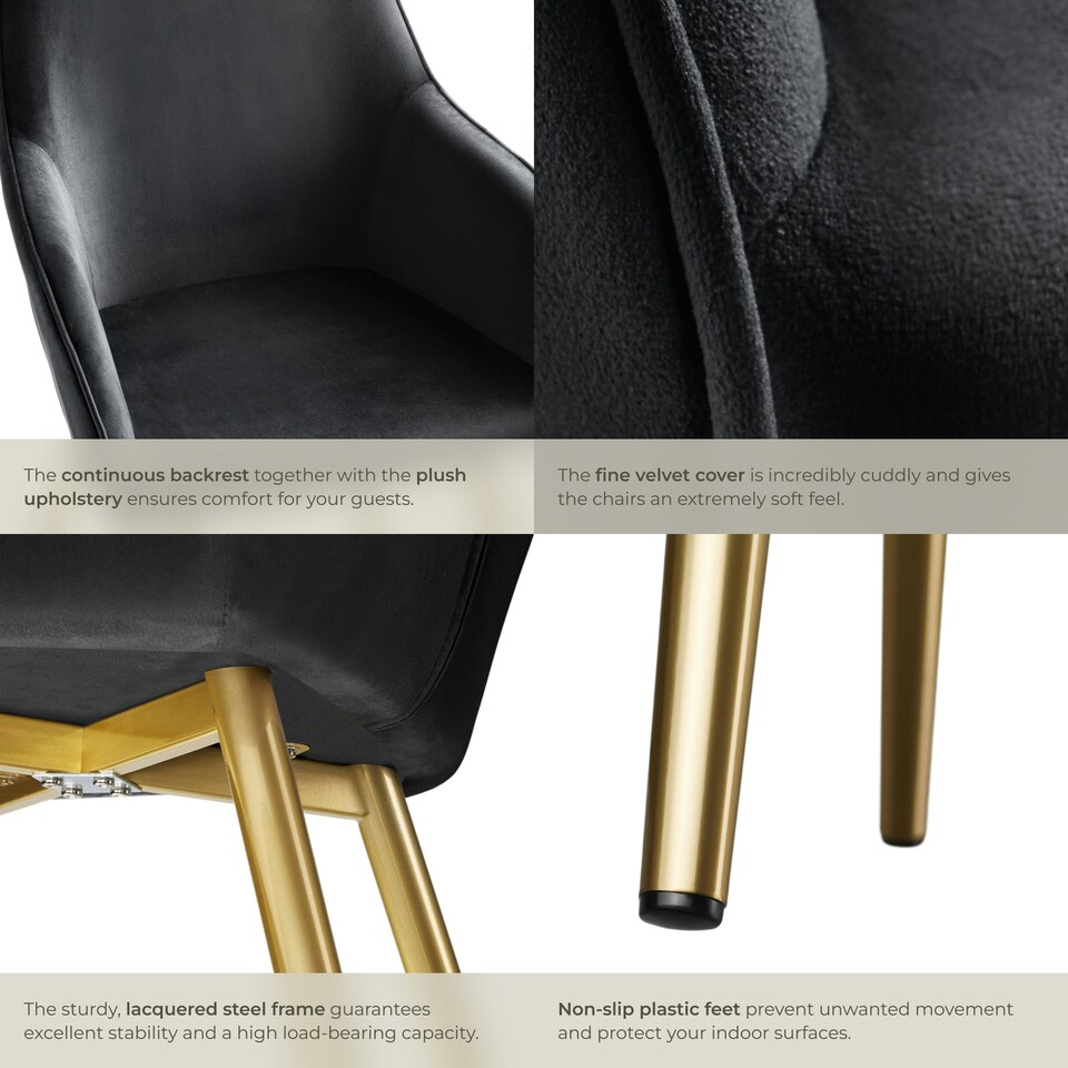 image 1 of Chair Marilyn - with armrests, padded, velvet look, golden steel legs - Set of 6 Black | Black/Gold