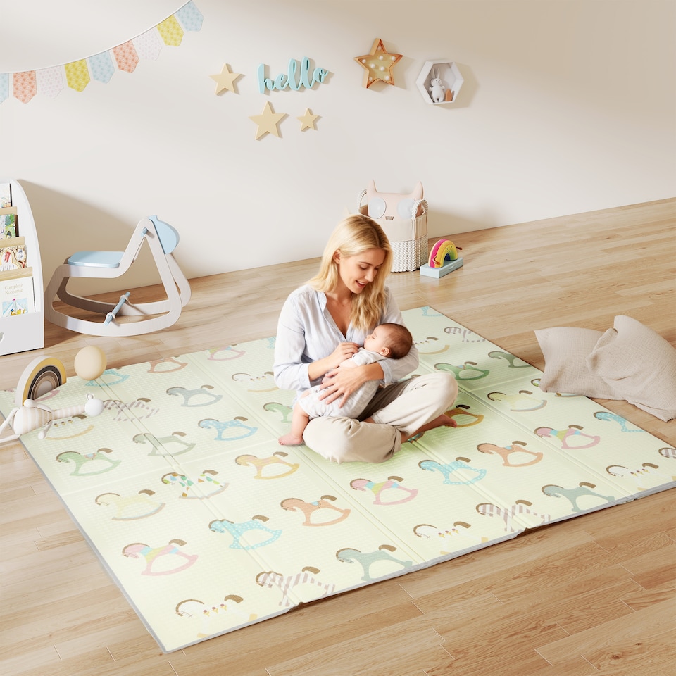 image 1 of AIYAPLAY Double-Sided Foldable Baby Mat, Water-Resistant Large Foam Mat, Reversible Floor Mat for Toddlers, for Bedrooms, Nurseries, Playrooms, 195L x 177.5W cm, Traffic and Rocking Horse Theme