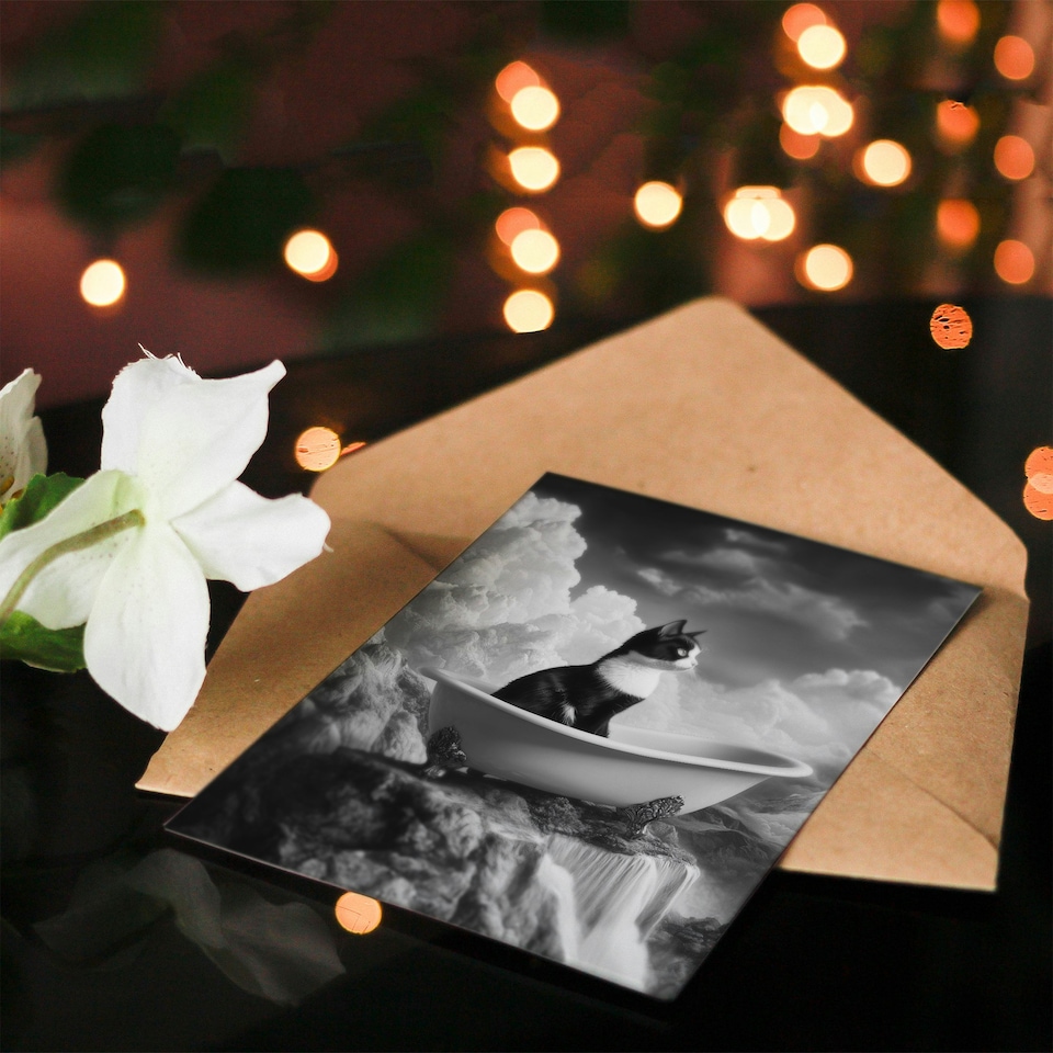 image 1 of Cat Lover Kitten Bathtub Waterfall Cliff Surreal Birthday Greeting Card