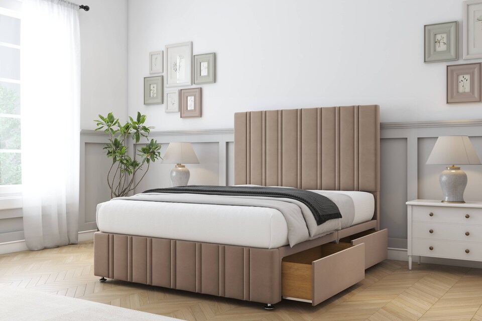 image 1 of Sloomy Langston Mink Plush Divan Bed Base No Drawers With 54 Inch Floor Standing Headboard & 12 Inch Matching Footboard | Brown | Mink | Super King | 1