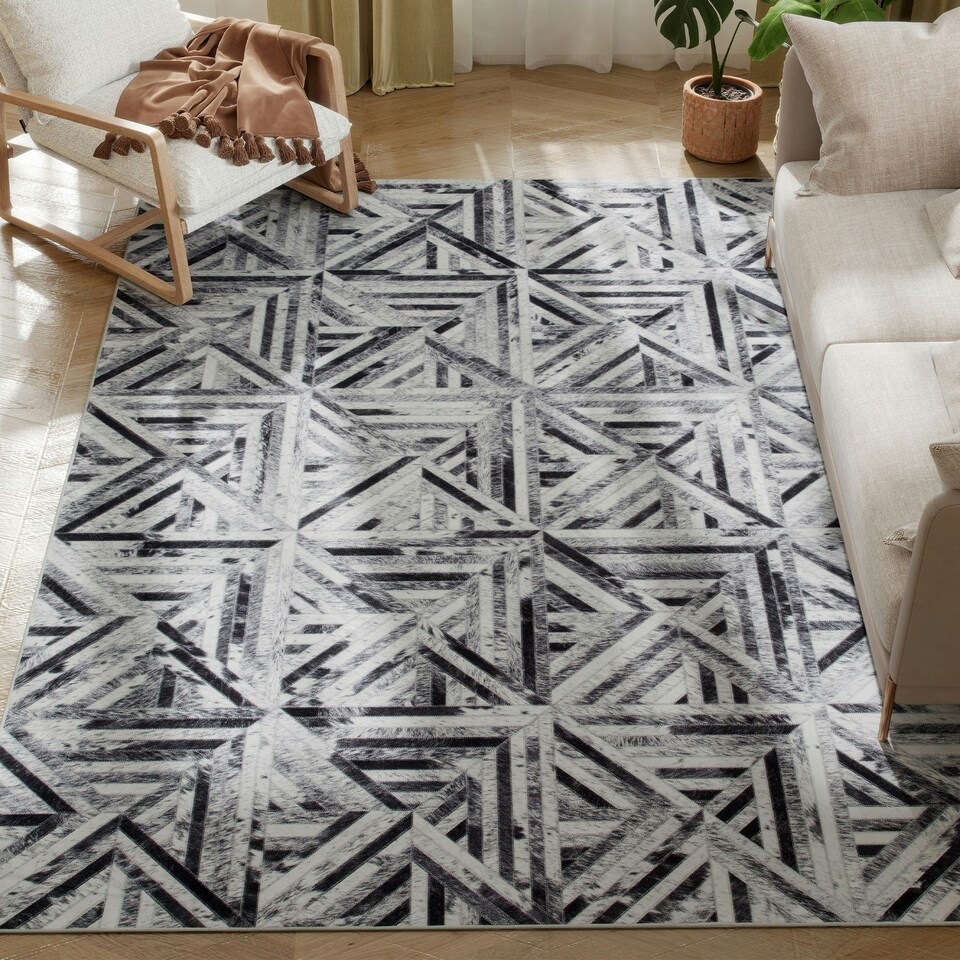 image 1 of HOMCOM Non-Slip Washable Rug, Chenille Floor Carpet for Living Room, Black Black | Cream, Dark Grey | 230 x 160 cm
