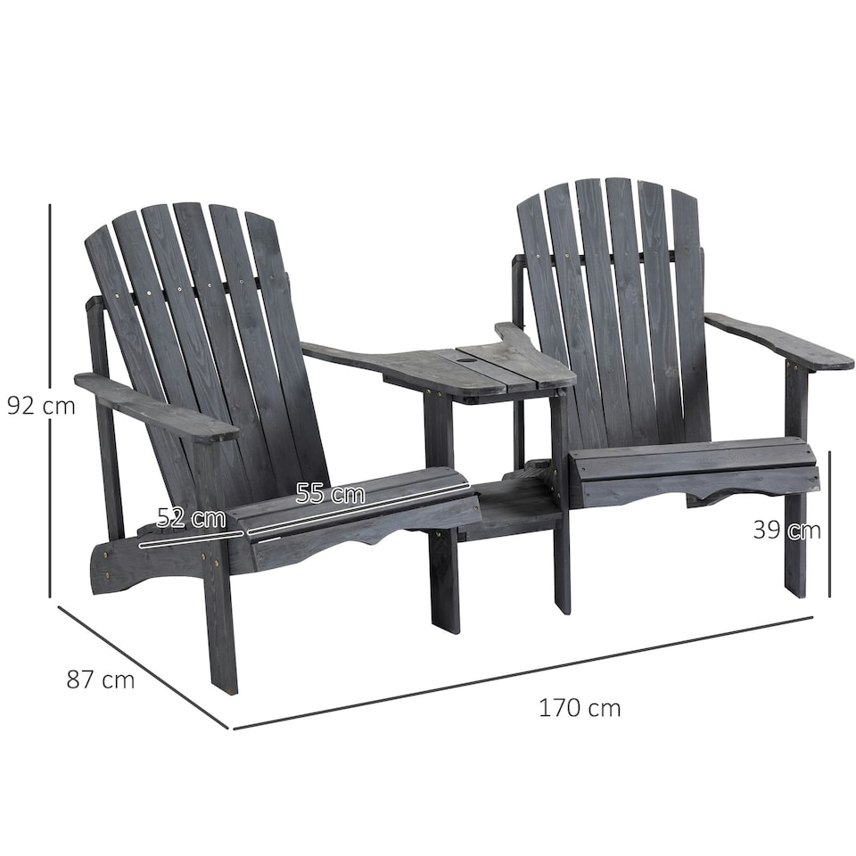 image 1 of Outsunny Wooden Outdoor Double Adirondack Chair with Table Dark Grey