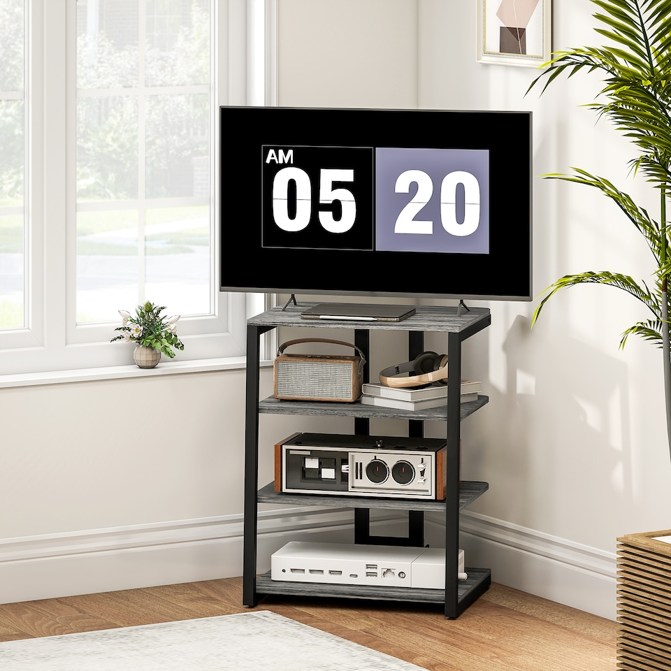 image 1 of HOMCOM HiFi Stand, 4-Tier Media Storage Shelf with Adjustable Shelves, Power Strip Rack for Router, Record Player, Printer, Industrial TV Stand for up to 28 Inch TVs, Dark Grey | Grey | 1