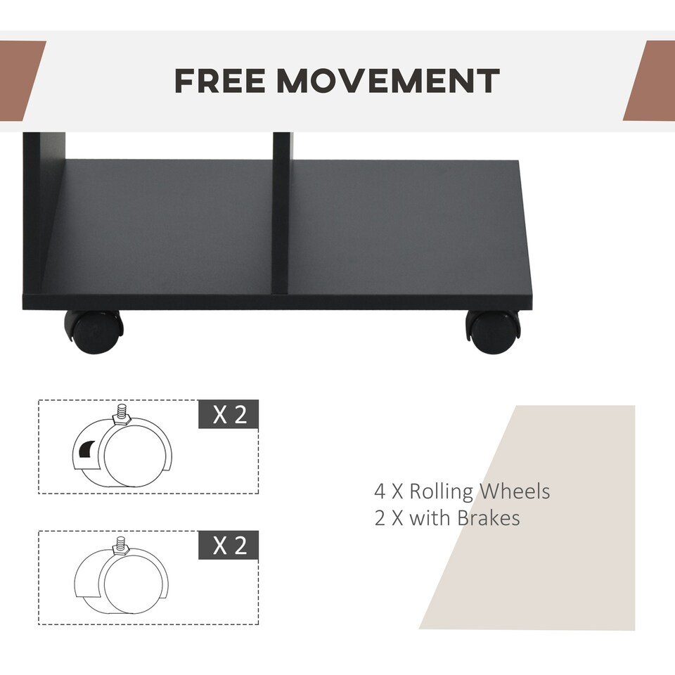 image 1 of C-Shape End Table Unique Storage Unit w/ 2 Shelves 4 Wheels Home Office Grey