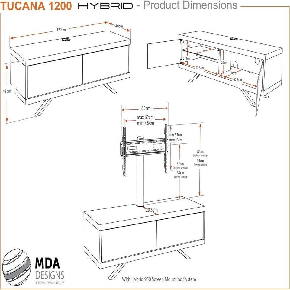 image 1 of MDA Designs TUCANA 1200 HYBRID Black Walnut TV Cabinet BeamThru Remote-Friendly Doors for up to 60" Flat Screen TVs with Mounting Arm Brown