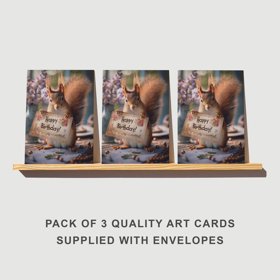 image 1 of Red Squirrel Birthday Card Cute Woodland Animal Set of 3 Greeting Cards Blank