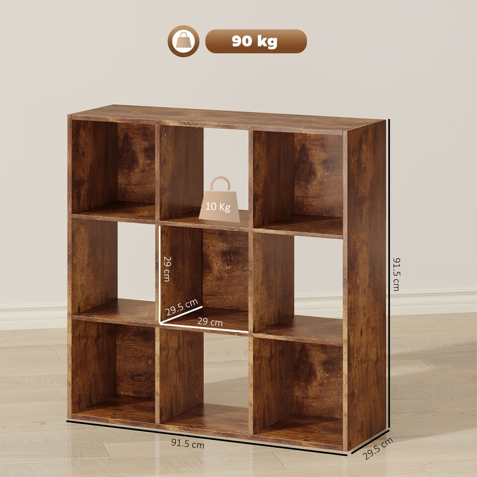 image 1 of HOMCOM 9 Cube Storage Cupboard Bookcase Bookshelf Home Office, Rustic Brown