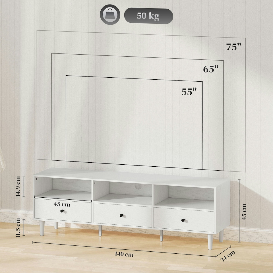 image 1 of HOMCOM TV Unit, TV Cabinet for up to 75", with Drawers, Shelves, White White