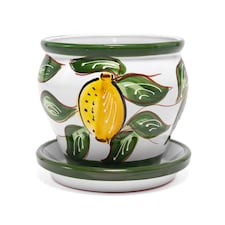 Verano Spanish Ceramics Bola Plant Pot 25 x 21cm & Drainage Plate 27cm - Lemons