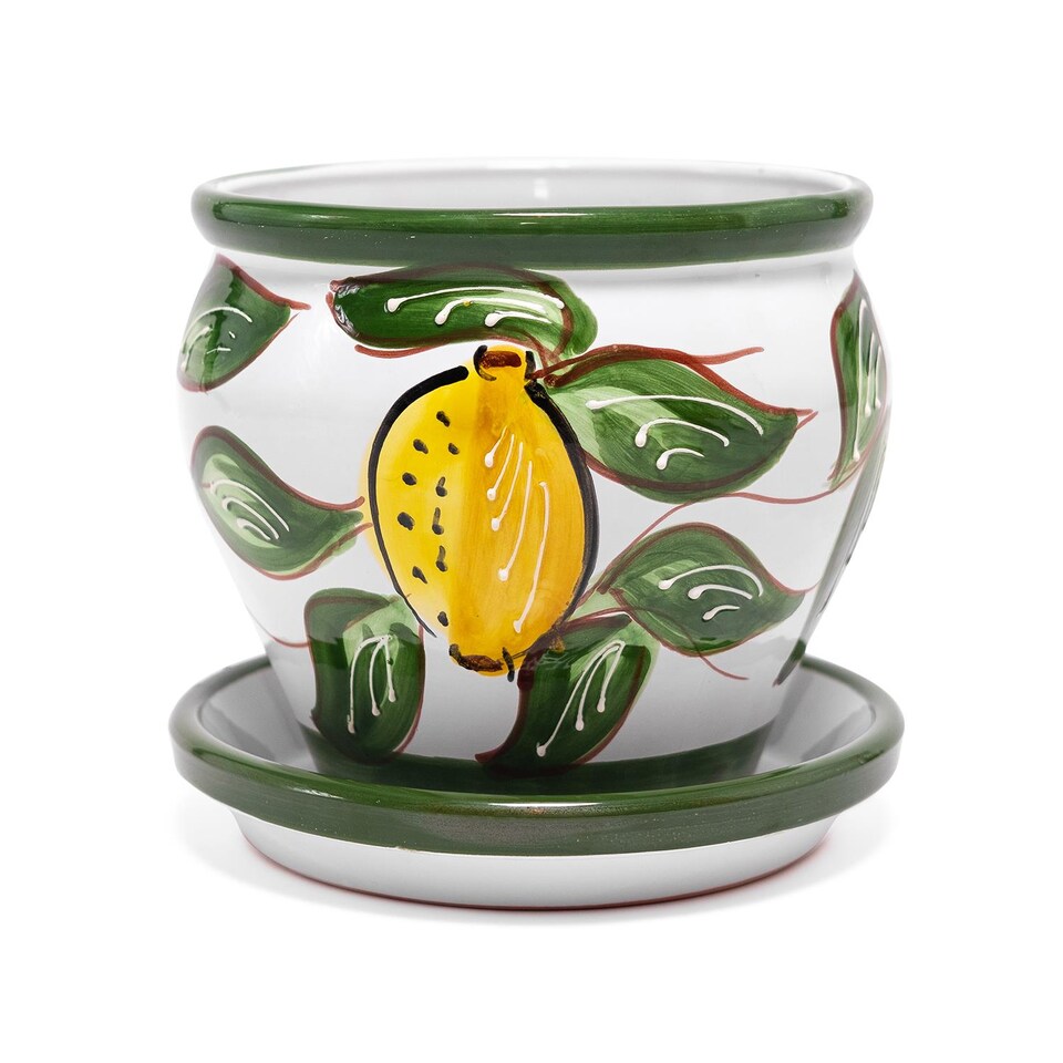 image 1 of Verano Spanish Ceramics Bola Plant Pot 25 x 21cm & Drainage Plate 27cm - Lemons