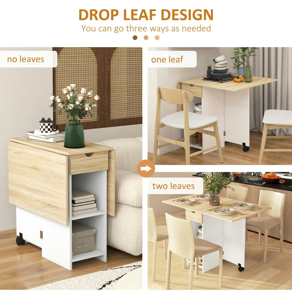 image 1 of HOMCOM Foldable Dining Table, Drop Leaf Table with Storage for Kitchen, Oak Brown