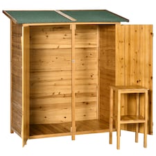 Outsunny Small Shed, Wooden Garden Shed with Flexible Table, Hooks and Ground Nails, Lockable Tool Shed with Asphalt Roof, 140 x 75 x 157cm, Natural