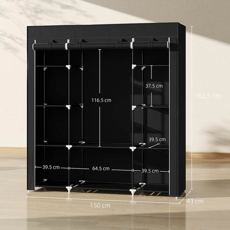 image 1 of HOMCOM Fabric Wardrobe with 10 Shelves 1 Hanging Rail Foldable Closets Black