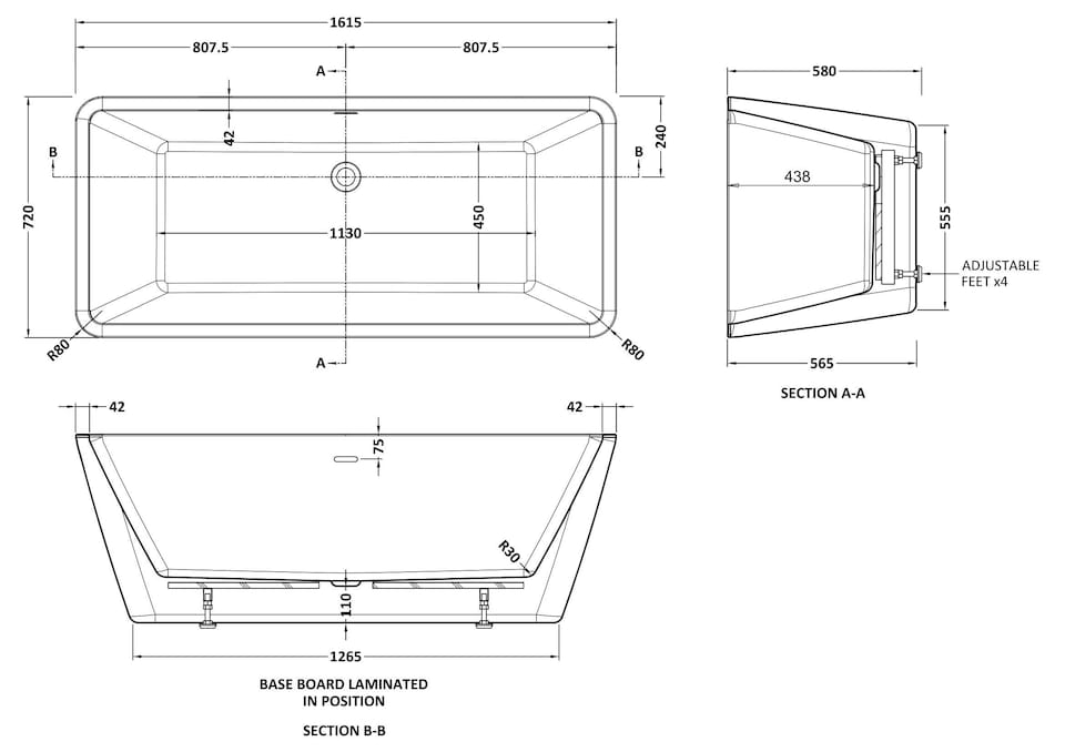 image 1 of Balterley Square Freestanding Bath with Waste: Double-Ended Acrylic Bath
