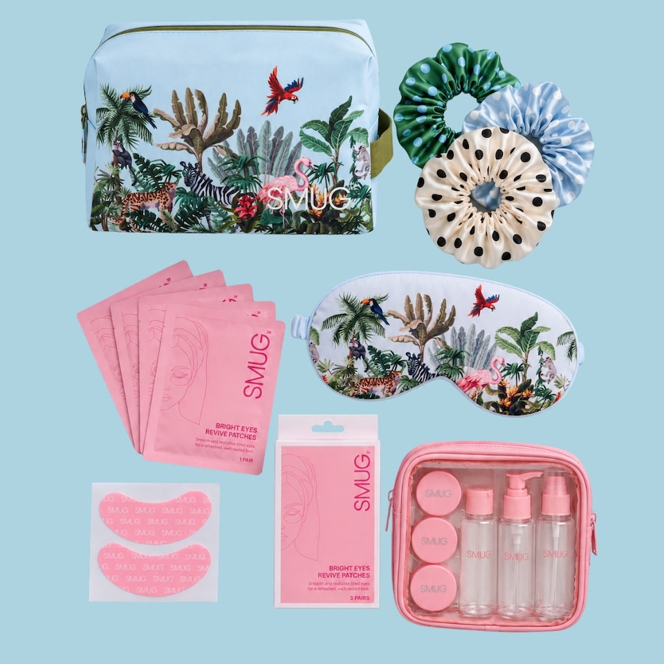 image 1 of SMUG Weekend Away Gift Set, Sleep Mask, Wash Bag, Travel Bottles, Eye Patches & Scrunchies - Jungle Print