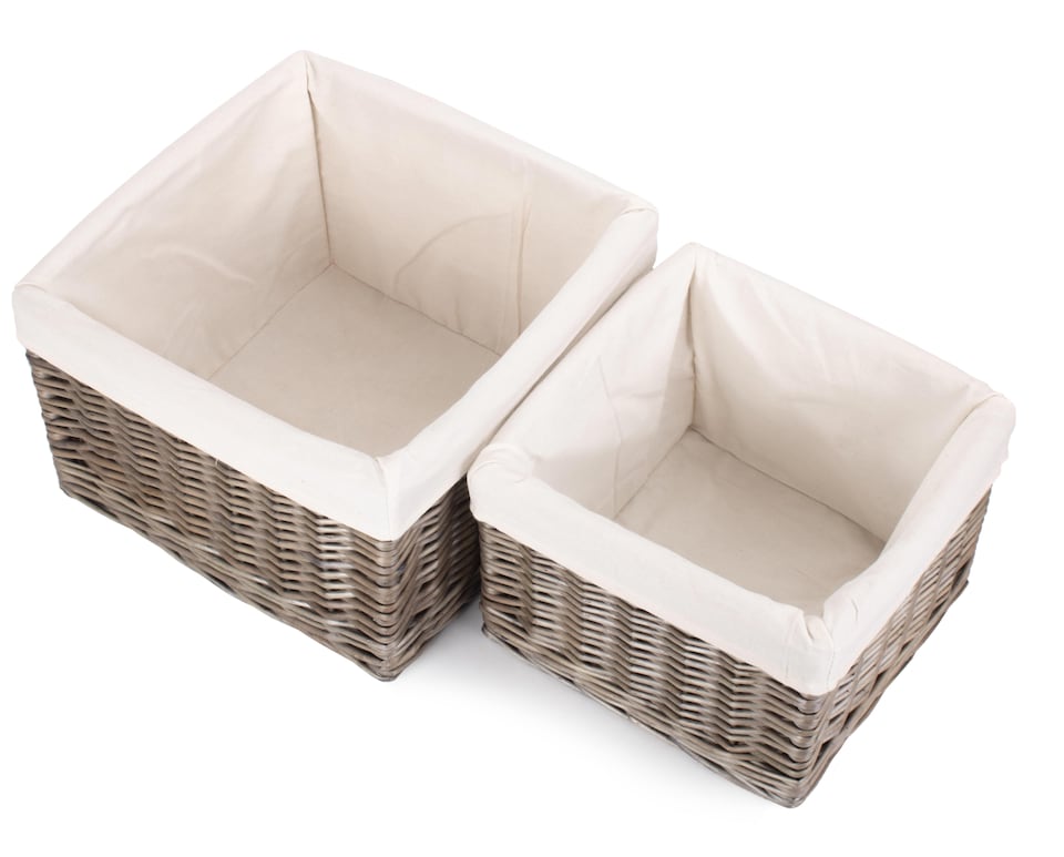 image 1 of Set of 2 Square Antique Wash Lined Storage Basket | White | White | Not provided