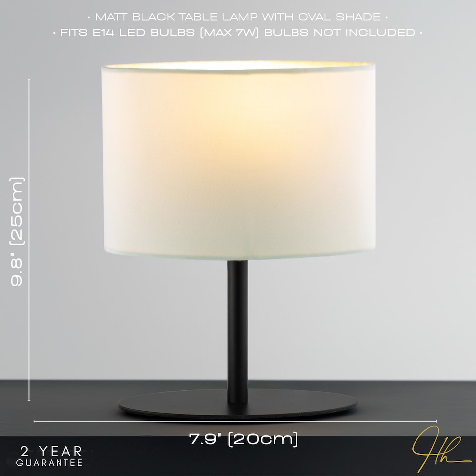 image 1 of Modern Designer Oval Table Lamp in Matte Black with Off-White Fabric Shade | Black