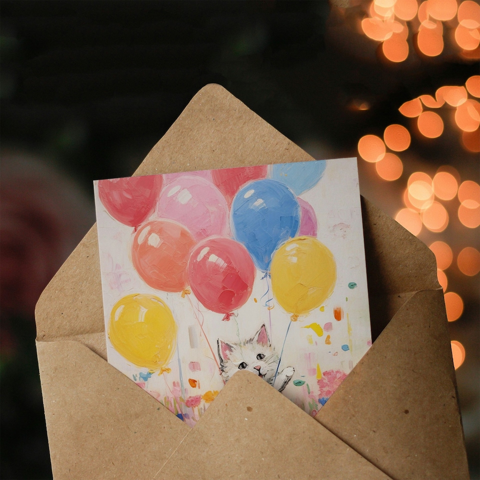 image 1 of Flowers Kitty Kids Balloons Cat Child Kids Birthday Card