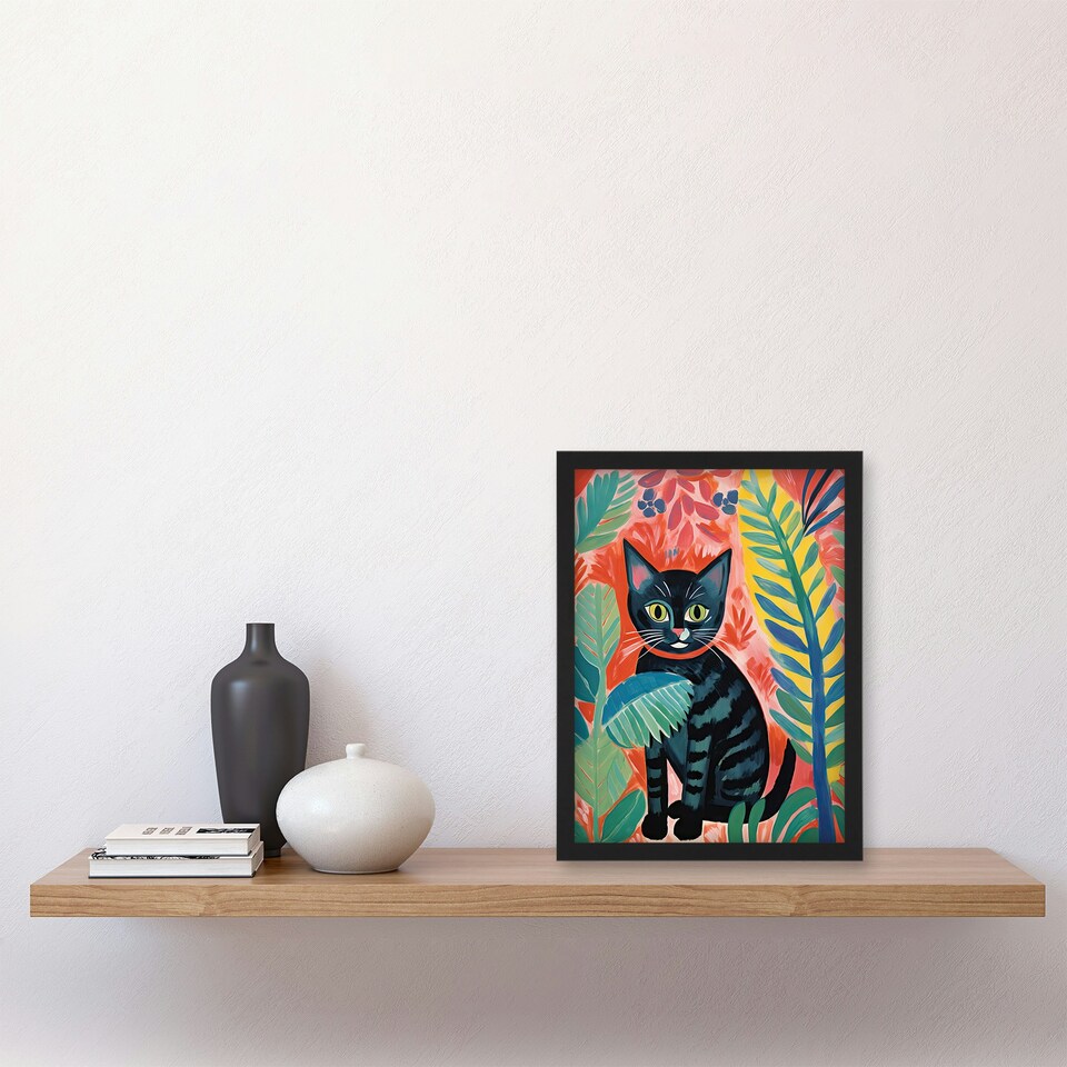 image 1 of Henri Matisse Style Cat Jungle Acrylic Home Decor Black Framed Wall Art Print A4