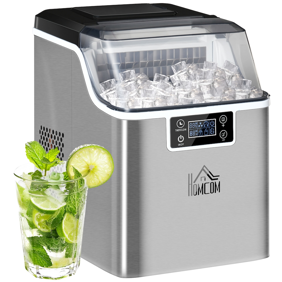 image 1 of HOMCOM 20kgDay Ice Maker Machine Countertop, Stainless Steel Portable Ice Cube Maker, 2 Ways to Add Water, 24 Pcs Ready in 14 Mins, Adjustable Ice Size, Self-Cleaning with Scoop & Basket, 3.2L,Silver