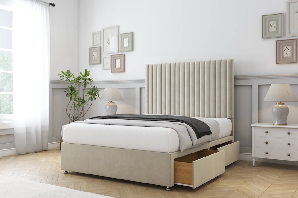 image 1 of Sloomy Manhattan Cream Plush Divan Bed Base No Drawers With 26 Inch Strutted Headboard | Cream | Cream | Small Single | 1