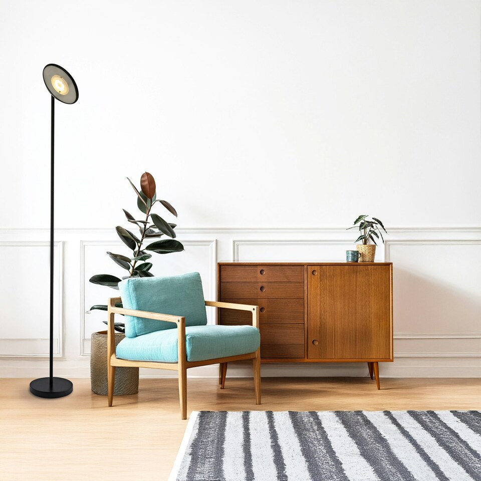 image 1 of Designer LED Uplighter Metal Floor Lamp in Matte Black with Memory Dimmer Button