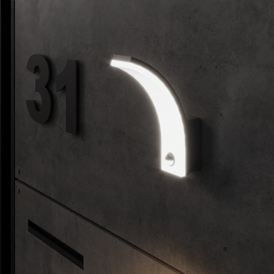 image 1 of CGC MATEO Graphite Curved LED Wall Light with PIR Motion Sensor, 20W 4000K.