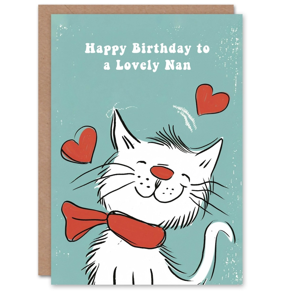 image 1 of White Scarf Drawing Love Hearts Cat Nan Birthday Card