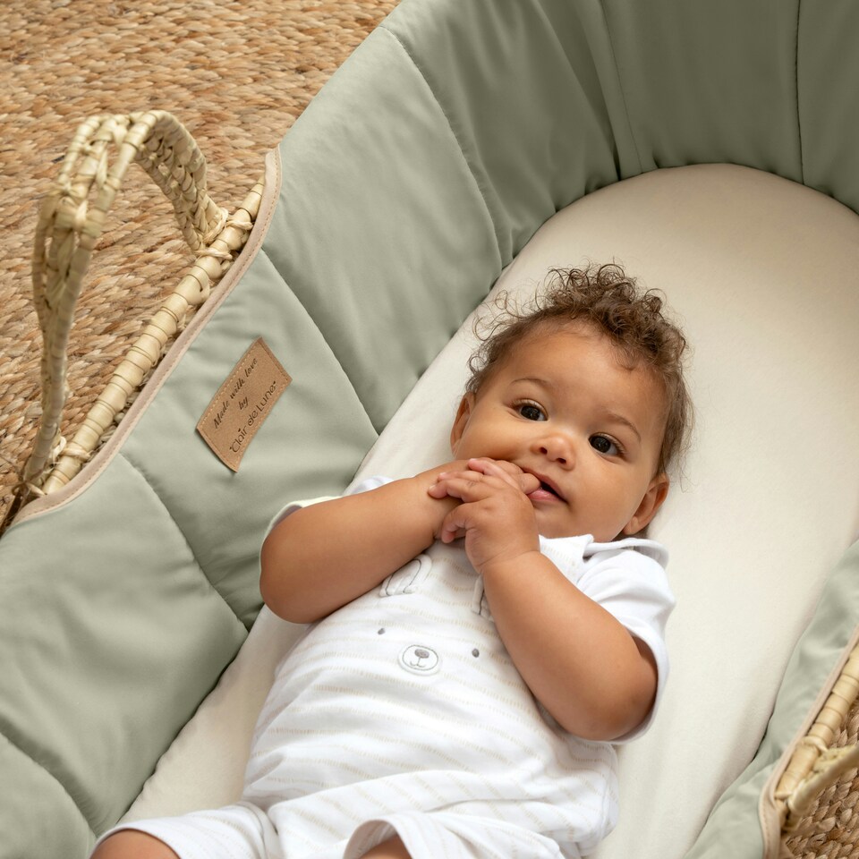 image 1 of Clair de Lune Organic Palm Moses Basket With Rocking Stand - Sage