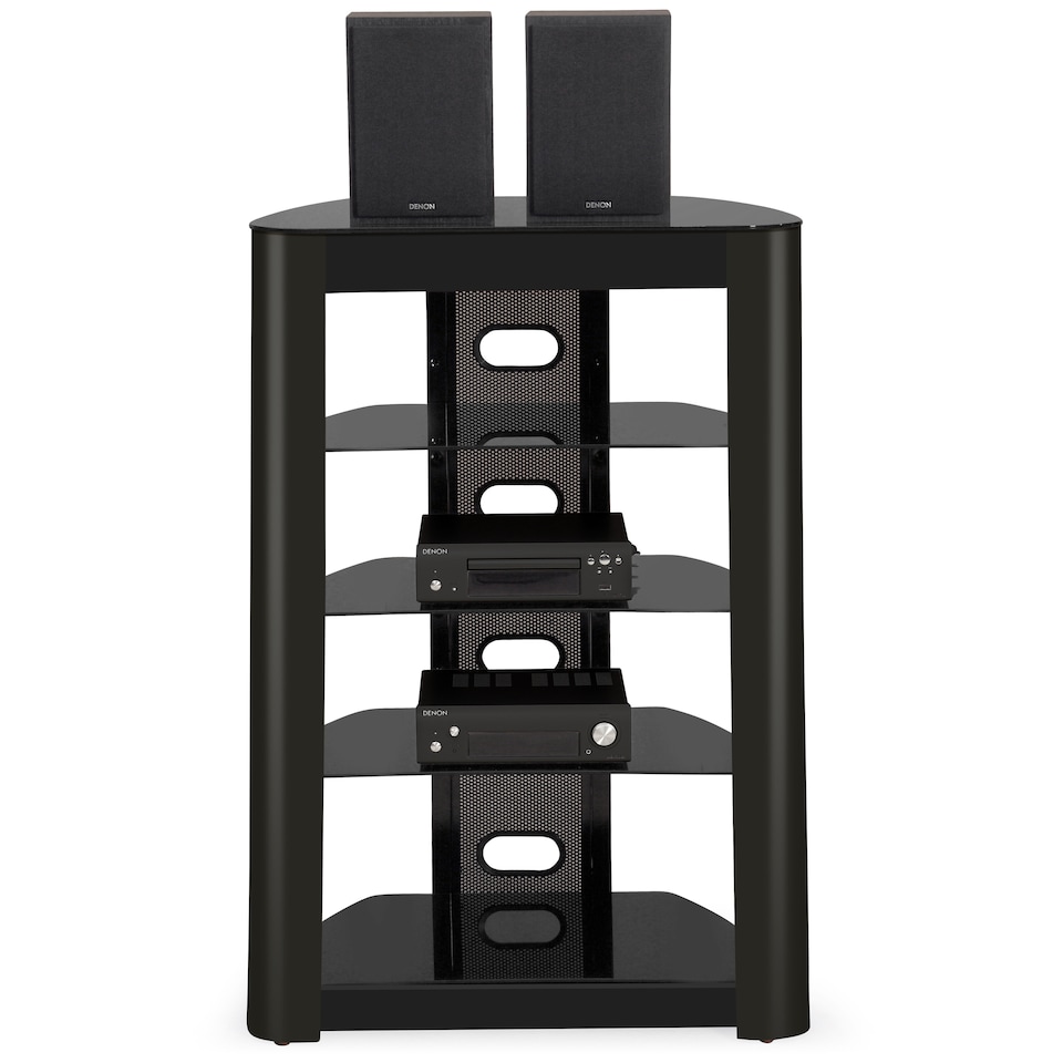 image 1 of Centurion Supports Zinnia 5-Shelf Black Glass with Gloss Black Fascia Flat Screen TV/Hi-Fi/AV Rack Glass Stand | Black | 1