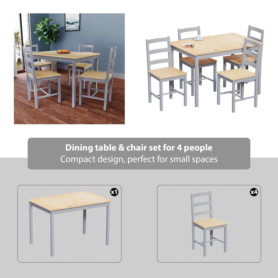 image 1 of Vida Designs Yorkshire 4 Seater Dining Set 5 Piece Table & Chairs, Grey & Pine
