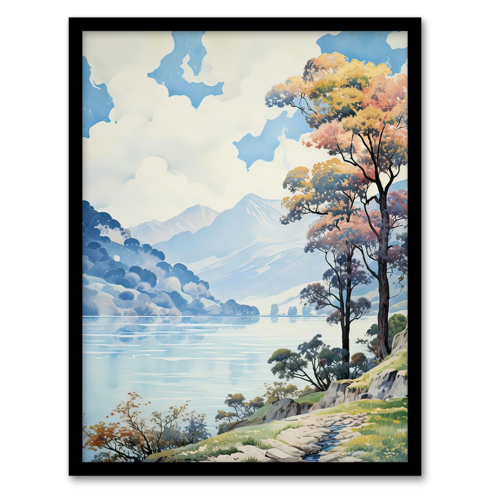 image 1 of Scenic Lake District Landscape Autumn Trees Black Framed Wall Art Print A4