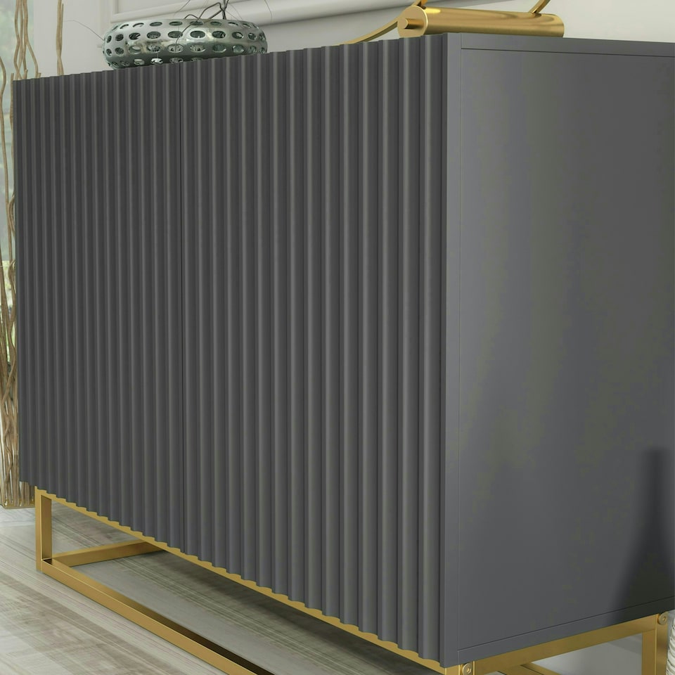 image 1 of Grey Sideboard 100cm Fluted Doors Gold Frame Modern Storage Cabinet Grey