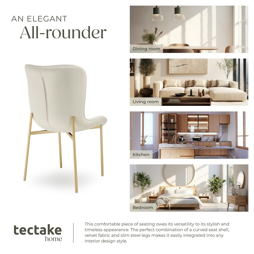 image 1 of Dining Chair Tessa - ergonomic high backrest, slim steel legs, soft fabric - Set of 6 Cream | Velvet Look Beige/Gold