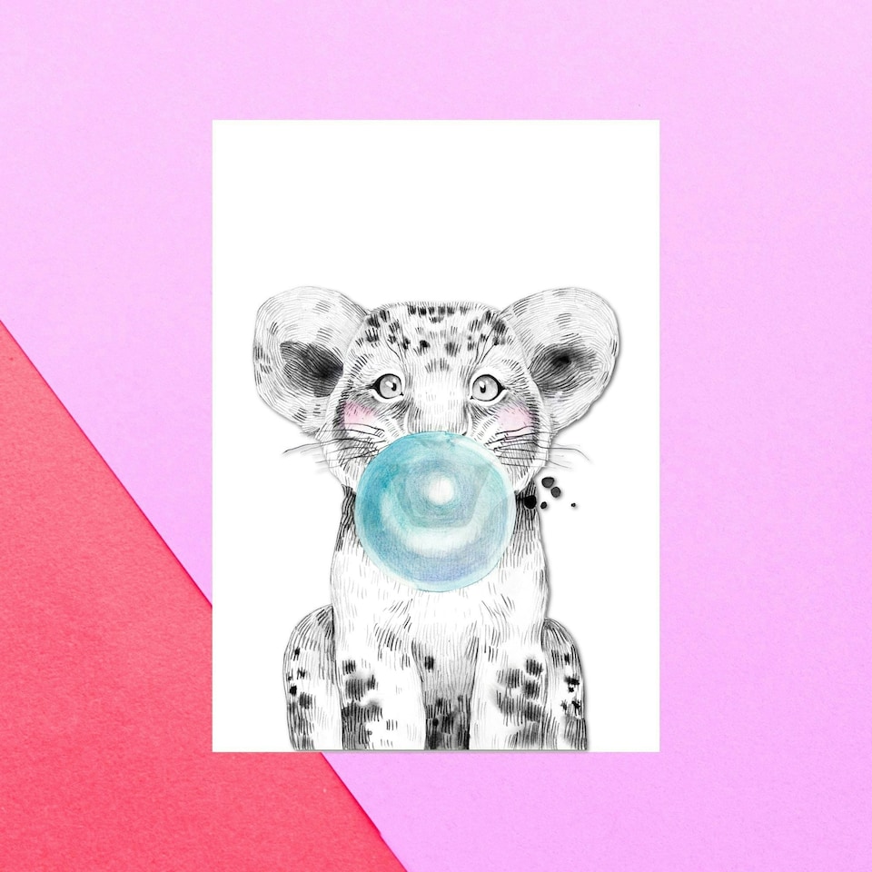 Lion Cub Blue Bubblegum Greetings Card