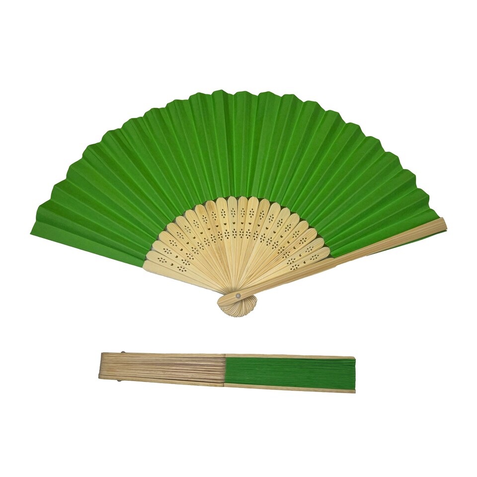 image 1 of Green Paper Foldable Hand Held Bamboo Wooden Fan by Parev