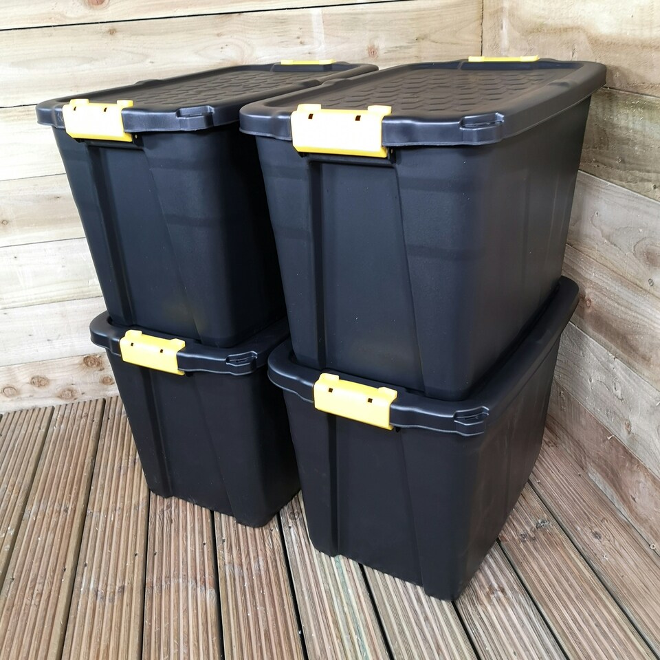 image 1 of 4 x 60L Heavy Duty Storage Tubs Sturdy, Lockable, Stackable and Nestable Design Storage Chests with Clips in Black