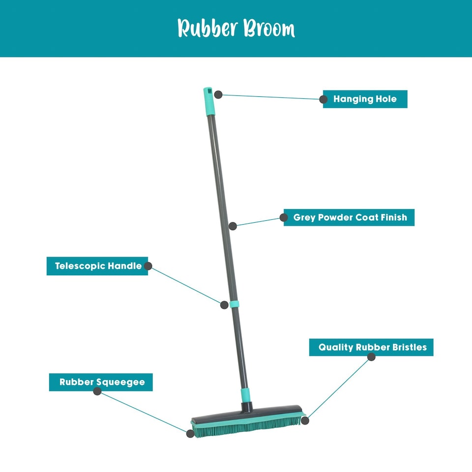 image 1 of JVL Indoor Extendable Rubber Bristle Brush Broom with Squeegee, Turquoise